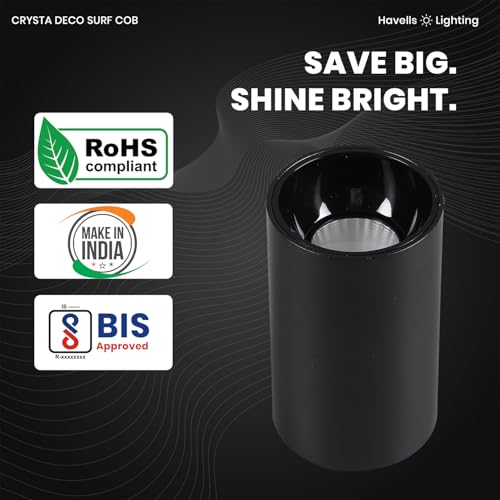 Image of Havells Crysta Deco Surf Cob 12W 4K Black B,Led-Spotlights,Energy Efficient,Long Life of 25000 Burning Hours,Beam Angle of 36,Metal Body Cob with Integrated Driver,Natural Daylight (4000K)