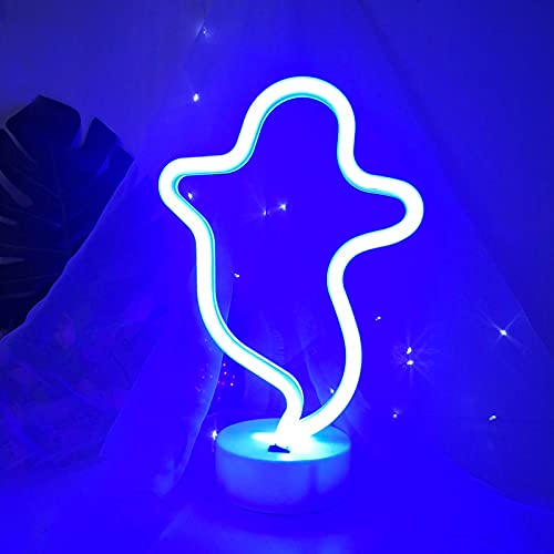 VIFULIN Halloween Ghost Light Sign Ghost Neon Signs for Bedroom Ghost Decorative Lights with Base USB/Battery Powered Ghost Neon Night Light Ghost Table Lamps for Halloween Party Decorations(Blue)