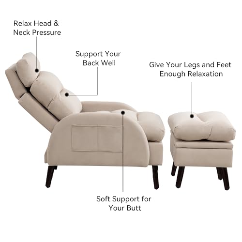 HOMYKA Accent Chair with Ottoman Set,Velvet Reclining Reading Armchair with Adjustable Backrest,Comfy Lounge Chair with Side Pocket for Living Room,Bedroom, Beige