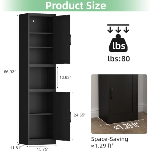 Image of Bathroom Storage Cabinet, 67 inch H Tall Bathroom Storage with Shelves and Doors, Narrow Bathroom Storage Cabinet for Home, Metal Slim Storage Cabinet, Black