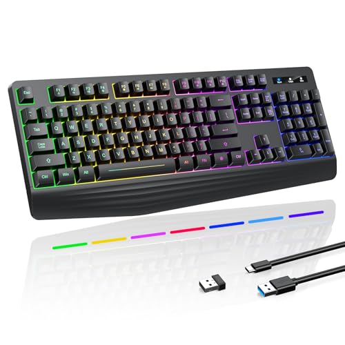 Wireless Gaming Keyboard, RGB & Single-Color Backlit, Full-Size Waterproof Computer Keyboard, Silent Keys, Wrist Rest, Sleep Mode, Rechargeable 2.4G Wireless Keyboard for Windows, Mac, PC, Laptop