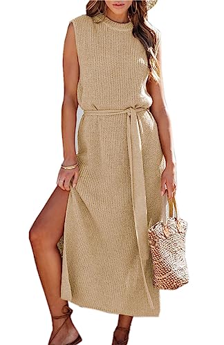 Asskdan Womens Elegant Solid A-Line Sleeveless Slit Midi Sweater