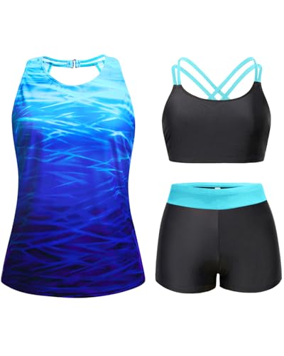 Tempt Me 3 Piece Swimsuit for Women Tankini Bathing Suit Modest High Neck Tank Tops Swimwear with Shorts