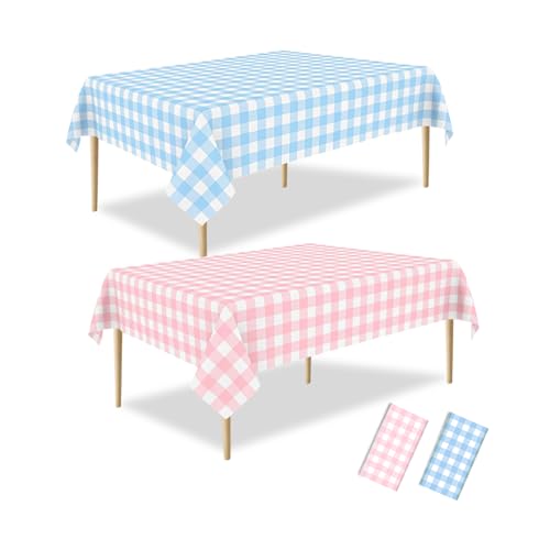 ZHIAXTON 2 Pack Gender Reveal Gingham Plastic Table Cloths 54 X 108 Inch Disposable Pink and Blue Tablecloth Rectangle Table Covers for Baby Shower Birthday Party Baby Gender Reveal Decorations