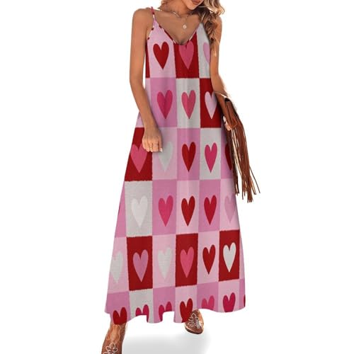 Robe femme ete fluide patchwork cœur motif géométrique à fines bretelles rose