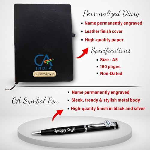 Image of SAVRI Personalized CA Gift Set - Pen Stand, Engraved CA Logo Pen & Black Diary with Name | Premium Gifts for Chartered Accountants & Financial Professionals - Black
