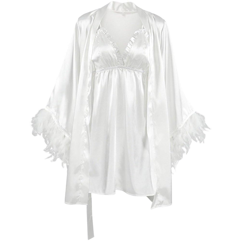 Luxylei Wedding Bride Robe Set Morning Gown Elegant Feather Female Kimono Bathrobe Gown Wedding Party Kimono for Nightwear