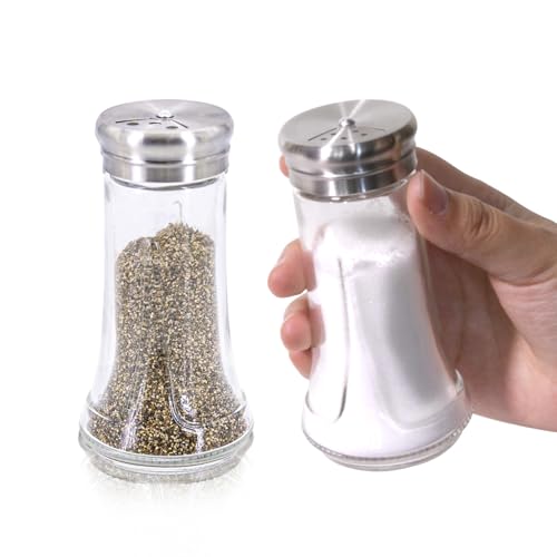 Salt & Pepper Shaker Set for Kitchen - 4 oz Clear Glass Salt & Pepper Shakers with Stainless Steel Lid, Adjustable Pour Holes, for Salts, Ground Peppercorn & Spices, Set of 2