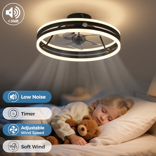 JUSHENG 19.7" Black Ceiling Fans with Lights and Remote, Low Profile Flush Mount Ceiling Fan with Light, Modern Up and Down Lighting Fandelier with Frosted Acrylic Shade 3CCT Dimmable Quiet Fan by JUSHENG - Used condition - Image 9