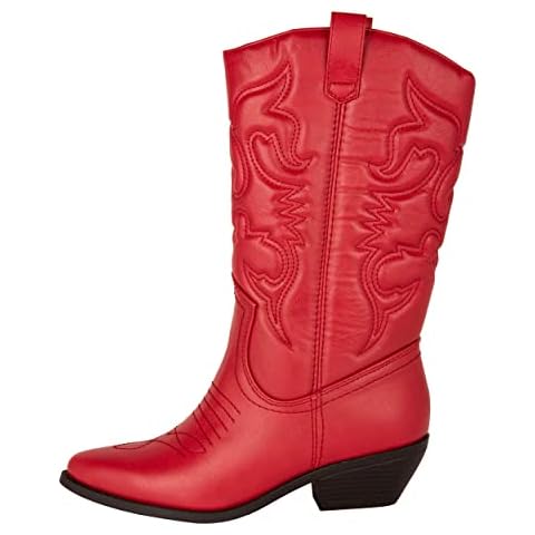 KAYDAY ~ Sissy ~ Women's Western Cowgirl Cowboy Stitched Pointe Toe Low Heel Ankle Mid Shaft Pull On Tabs Fashion Boots, Red Str Pu, 6 UK Cover