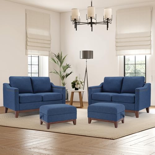 Image of HAOMARKETS 4 Piece Chenille Sofa Set with Nailhead Trim, Included 2 Loveseat 2-Seater Couch with Thicked Cushion and 2 Upholstered Storage Ottoman with Flip-Top Table, Living Room Furniture Set,Blue