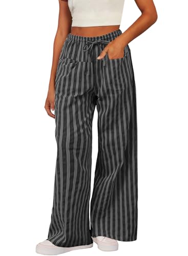 Acelitt Women's Casual Striped Color Block Pants Drawstring