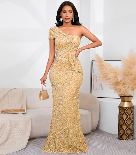 Image of Cololura Women Sexy Sequin One Shoulder Mermaid Formal Party Cocktail Gowns Bodycon Evening Maxi Dress