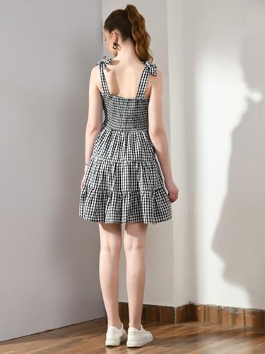 Image of Women's Gingham Checkered Summer Dress | Sleeveless A-Line Mini Dress with Shoulder Tie Straps & Button Front | Casual Picnic, Beach Wear