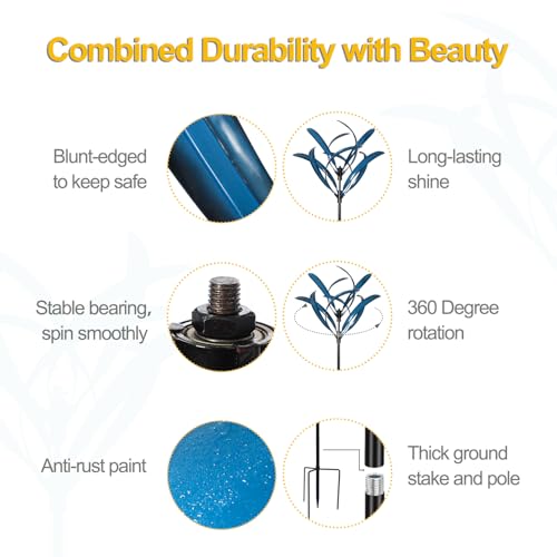 LimeHill Wind Spinner for Yard and Garden - Large Metal Kinetic Wind Sculptures for Outdoor Decorations (Blue Magnolia)