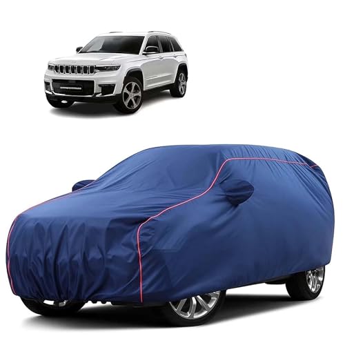 Image of Sulfar 100% Water Resistant Car Body Cover Compatible with Mirror for Jeep Grand Cherokee (Triple Stitched, Full Bottom Elastic, Blue Tafetta with Red Piping)