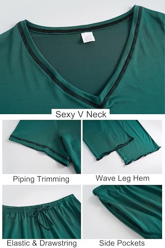 Image of Vozanet Women's Plus Size Pajama Sets Short Sleeve Long Pants Solid Color with Piping Trim Elegant Loungewear Cozy Sleepwear
