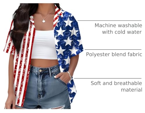 Image of Ithalt 4th of July Hawaiian Shirts Women American Flag Patriotic Short Sleeve Button Down Outfits Summer Vacation Tops
