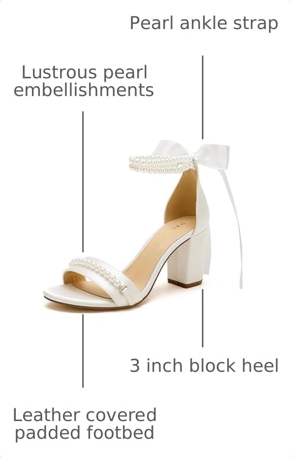 Image of Block Heel Wedding Sandals Pearl Wedding Shoes for Bride Open Toe Bridal Shoes Chunky Heel Sandals