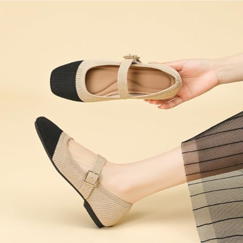 Flats for Women Knit Ballet Shoes Mary Jane with Arch Support, Square Toe Comfortable Slip On Flats with Adjustable Strap, Washable Casual Office Shoes2