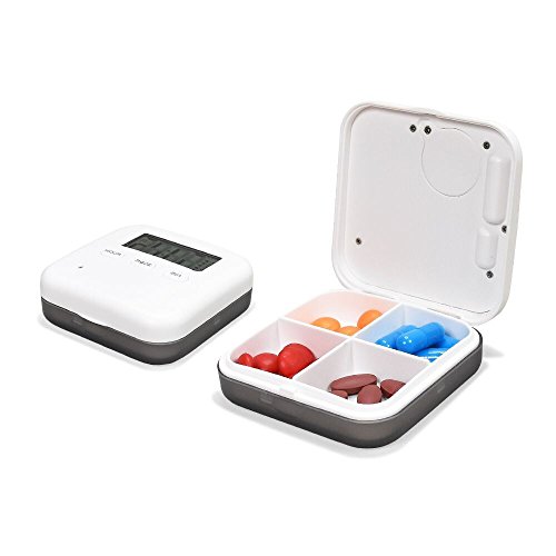 U-Trak Pill Box Alarm Pill Organizer Mini Portable Daily Pill Case with Digital Alarm Clock Reminder 4 Compartments Black