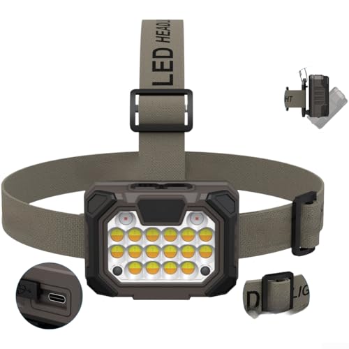 Lampe frontale LED COB rechargeable avec détecteur de mouvement, charge, 5 modes d'éclairage, tête de lampe réglable à 45° pour le camping, la randonnée, la course et les activités de plein air