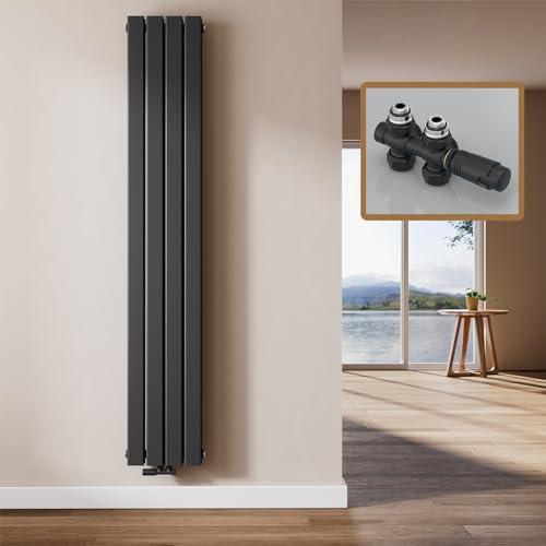 EMKE Radiateur Design Vertical, 180 x 30 cm, Radiateur Mural Plat en Acier,Double panneau, Raccord Central, Noir, 911W(y compris vannes)