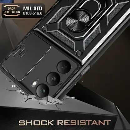 Image of SPAZY CASE Realme C73 5G Back Cover | Heavy Duty Hybrid Case with 360 Degree Rotating Finger Ring Holder + Slider Shutter Camera Protection Case for Realme C73 5G - Black