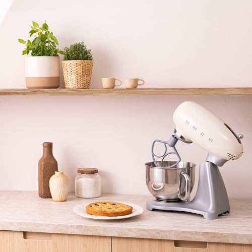 Image of SMEG SMF04 5-Qt Stand Mixer with Smooth Start & SteadyMix, 600W Motor, 10 Speeds, Stainless Steel Bowl & Pour Shield - Retro 50's Style Planetary Mixer for Bread Dough, Baking & Desserts-Cream