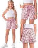 Oakgarden Girls Plaid Shorts Gingham Boxer Casual Elastic Waist Wide Leg Short Pant Loose Fit Summer Teens Kids Shorts(Pink,9-10 Years)