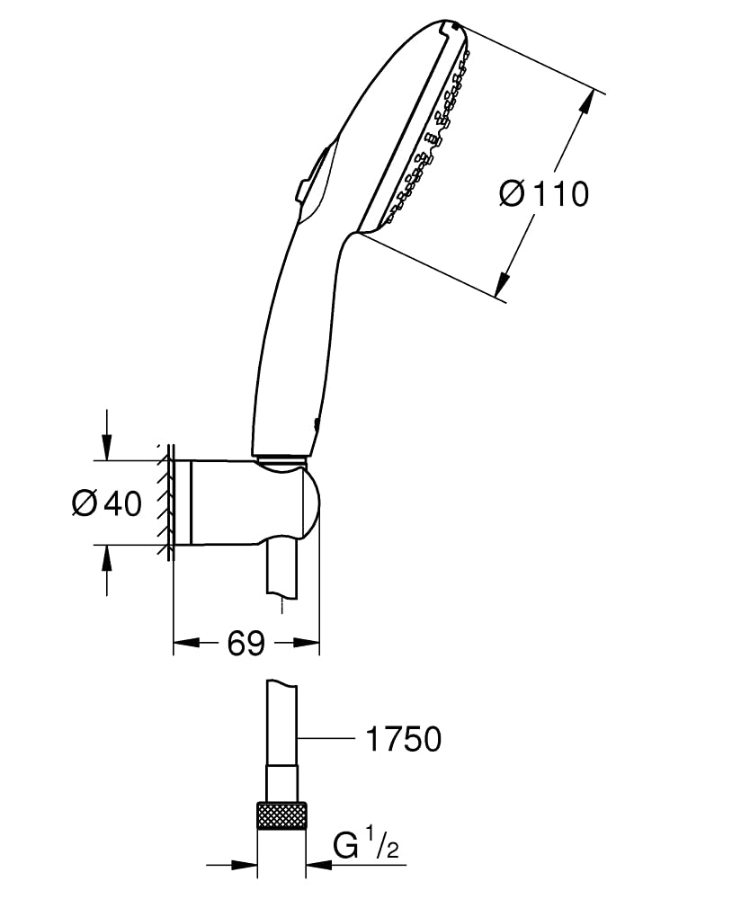 GROHE Vitalio Start 110 Juego de soporte de pared (alcachofa de ducha 2 chorros, flexo 1750mm, antical) redondo negro mate 279502431