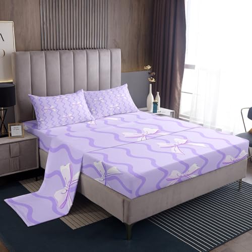 jejeloiu Bowknot Fitted Sheet Twin Size Kids Cute Kawaii Bedding Set for Boys Girls Teens Purple Bed Sheets Set