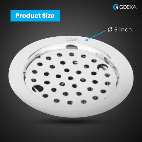 Image of GOEKA Floor Drain Jali 5 Inch | 304 Grade Stainless Steel Bathroom Grating with Chrome Finish | Open Area Kitchen Sink & Wash Basin Waste Water Drainer with Cockroach Trap - Pack of 2