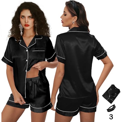 Image of 3Pcs Silk Pajamas XS-4XL Womens Satin Pajama Short Floral Sleepwear Bride Soft Pj Lounge Sets Pjs Shorts Set