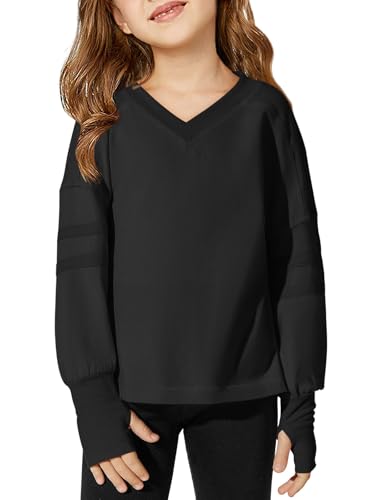 Haloumoning Girls Oversized Long Sleeve T Shirts Kids Casual V Neck Cute Tops Basic Tees with Thumb Holes 4-14Y
