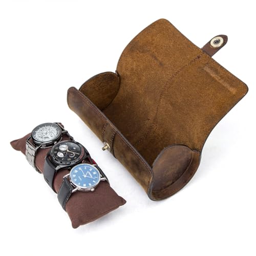 Estojo para Relógios - Porta Relógio Masculino CONTACTS em Couro Legítimo, Caixa Organizadora Refinada para 3 Relógios, com Fivela Magnética Fish-Eye, Elegante e Cuidadosamente Elaborado (Marrom)