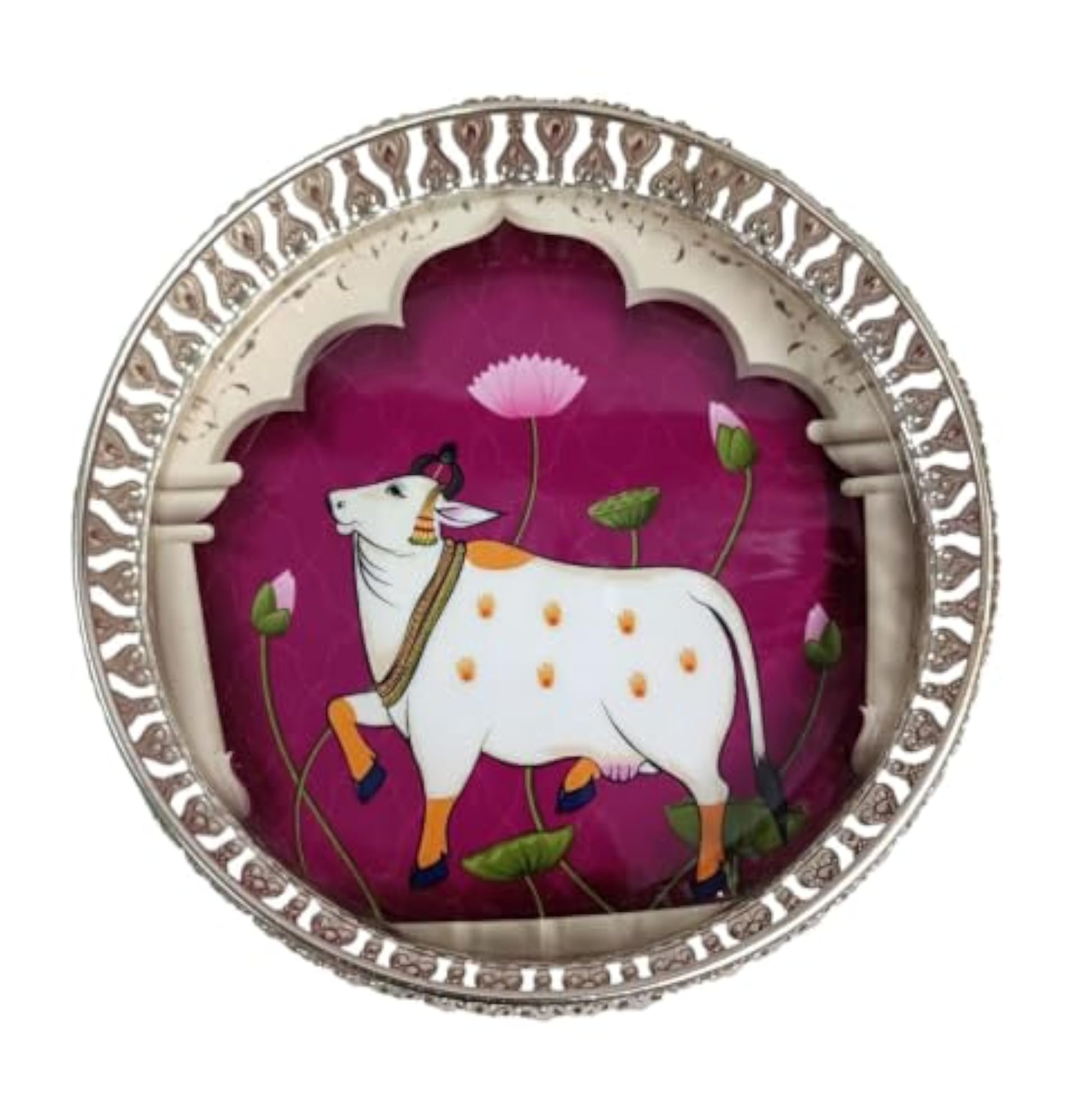 Decorative Round German Silver Pichwai Tray