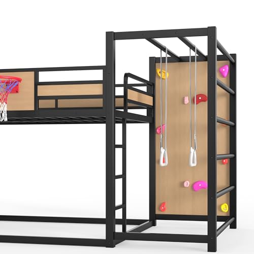 Image of Bellemave Full Over Full Bunk Beds for Kids with Slide, Basketball Hoop & Climbing Wall, Heavy Duty Metal Full Size Bunk Bed with Guardrails, Low Bunk Bed for Bedrooms, No Box Spring Needed, Yellow