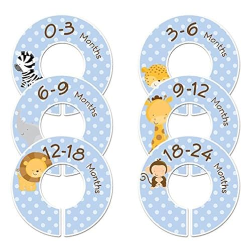 Image of 6 Baby Boy Nursery C86 Clothing Size Closet Divider Safari Animals (Blue, 1.25" Rod)