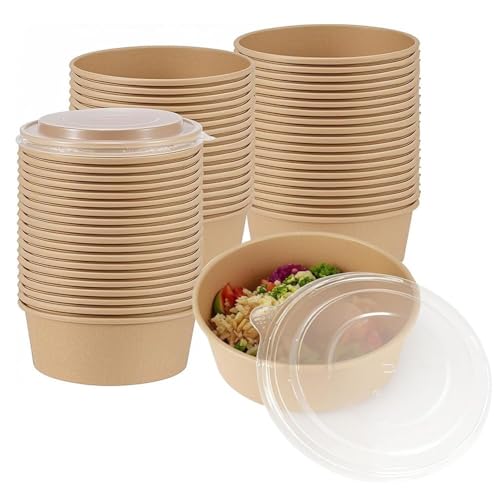 25個 紙ボウル クラフト紙ボウル 使い捨てスープサービングボウル 外出用食品容器 電子レンジ冷凍庫対応 ポテトサラダ フルーツなどに (蓋付き,500ml)