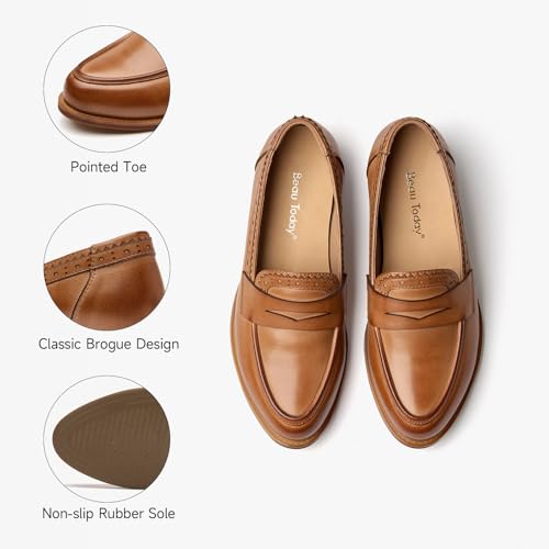 Image of BEAU TODAY Womens Leather Penny Loafers, Slip On Loafer Flats