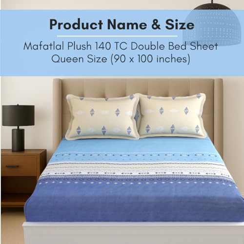 Image of Mafatlal Plush 140 GSM Double Bed Sheet | Fine Microfiber Weave | Queen Size | 90 x 100 Inches | Soft Texture & Long Life | Indigo Blue