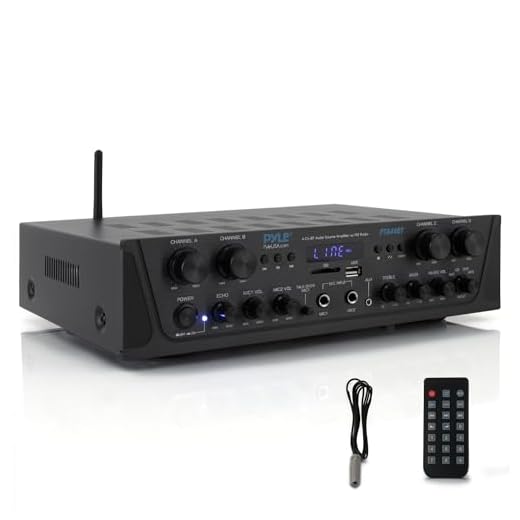 Pyle 500W Karaoke Wireless Bluetooth Amplifier - 4 Channel Stereo Audio Home Theater Speaker Sound Power Receiver with AUX IN, FM, RCA Subwoofer Speakers OUT, USB, Microphone IN with Echo - PTA44BT