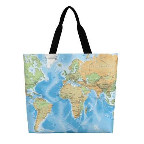 World Map Tote Bag Large Women Casual Shoulder Bag Reusable Grocery Bag Fasion Handbag for Office Shopping Travel
