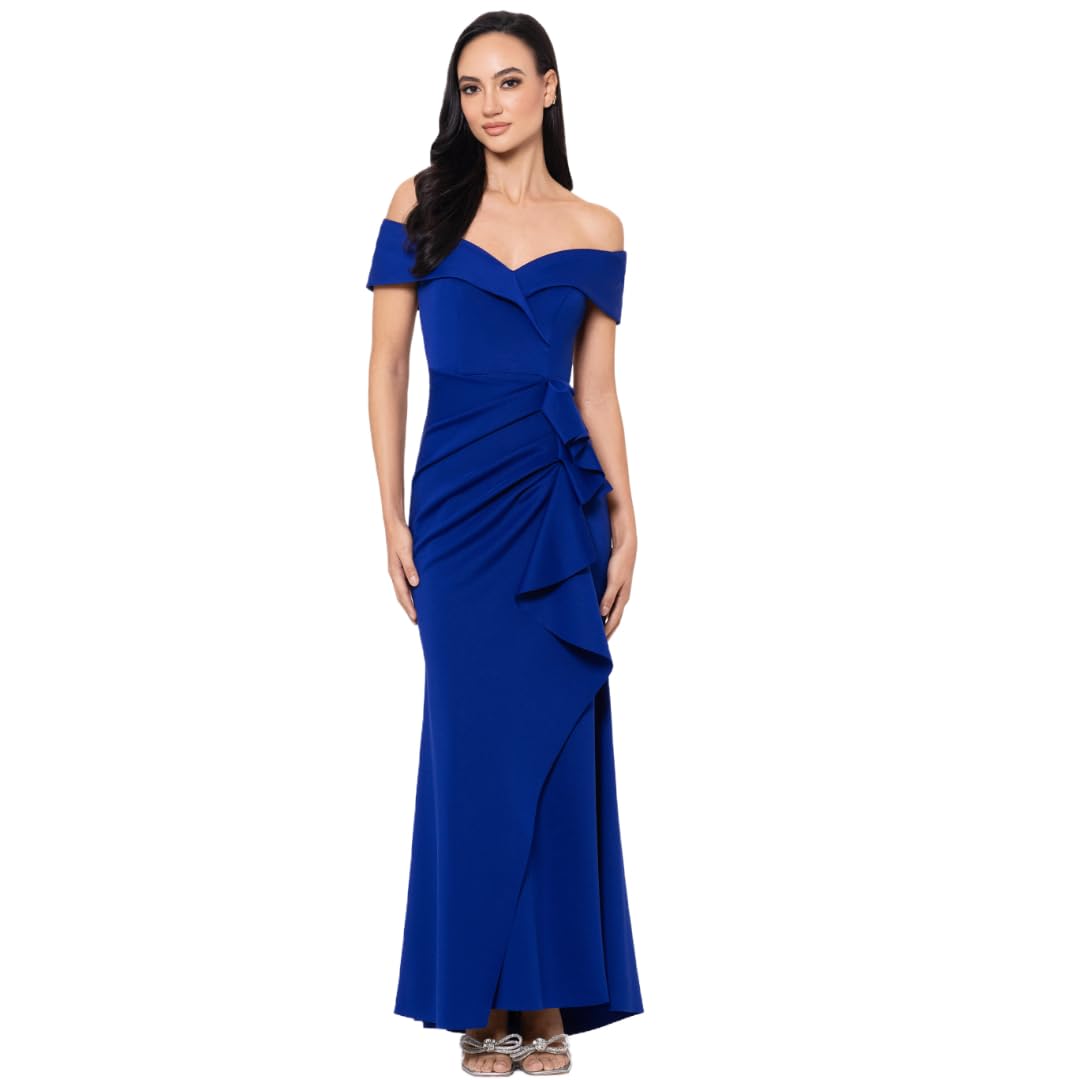 Xscape Floor Length Off Shoulder Ruffle Formal Evening Gown