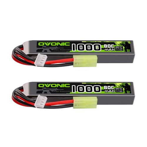 OVONIC 3s Lipo Battery 11.1V 1000mAh 80C with MiniTamiya Plug Lipo Battery for Airsoft Guns(2PCS)