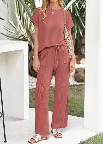 KIRUNDO Summer Sets Women 2 Piece Outfits Casual Ribbed Knit Short Sleeve Tops Wide Leg Pants Lounge Set Travel Tracksuit3