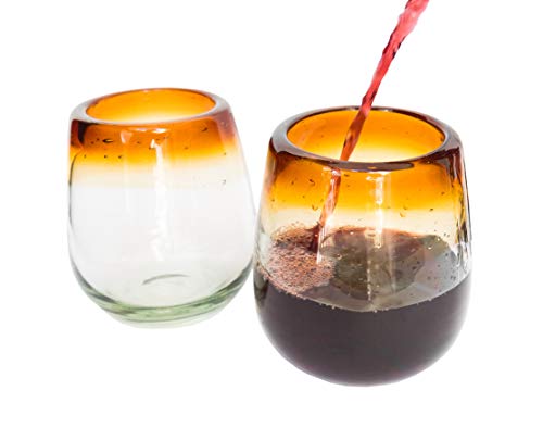 Fiesta Brands Stemless Wine Glass Set - Elegant Hand-Blown Stemless Wine Glasses 2-Pack for Red and White Wine - Vintage No Stem Wine Cups with Beautiful Amber Rim - Great Gift for Wine Lovers