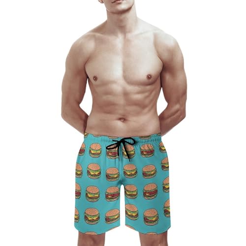 Hawaiian Shorts for Men - Comfy Cute Hamburger Green Print Mens Swim Trunks Bathing Suits with Mesh Lining2