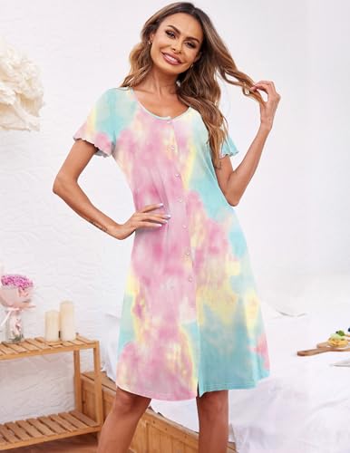 Image of Ekouaer Women's Nightshirt Short Sleeve Button Down Nightgown V-Neck Sleepwear Pajama Dress